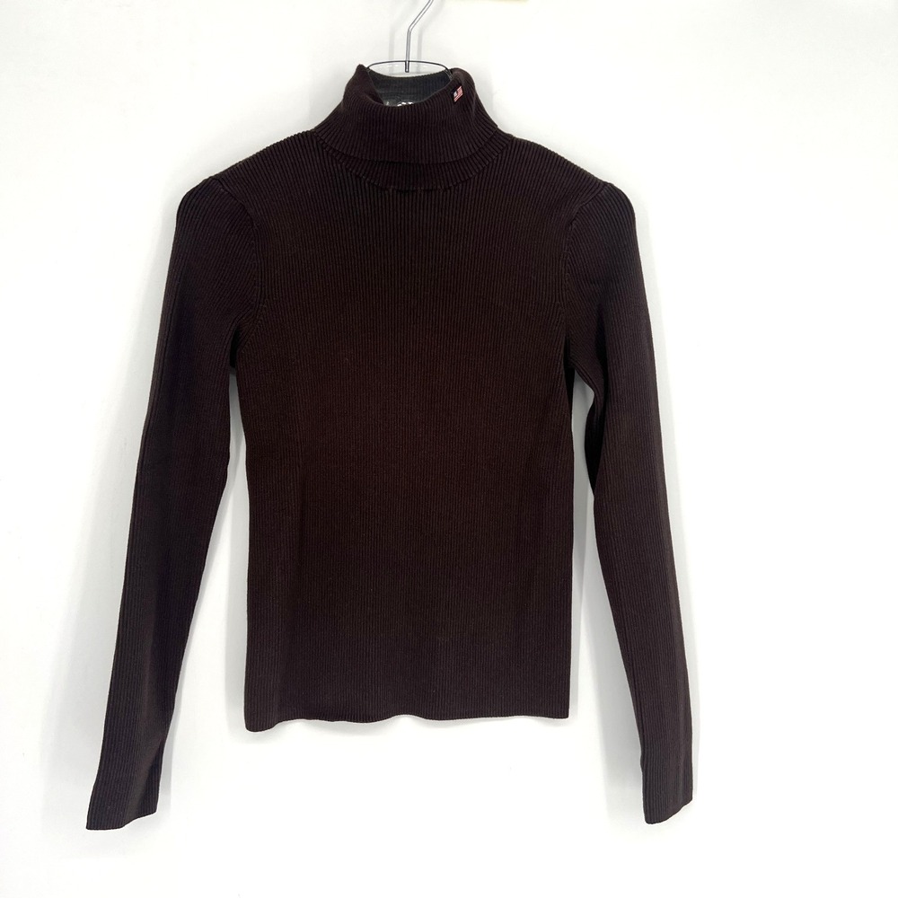Vtg Ralph Lauren Turtleneck Womens S‎ Brown Ribbed Logo Preppy USA Flag Basic